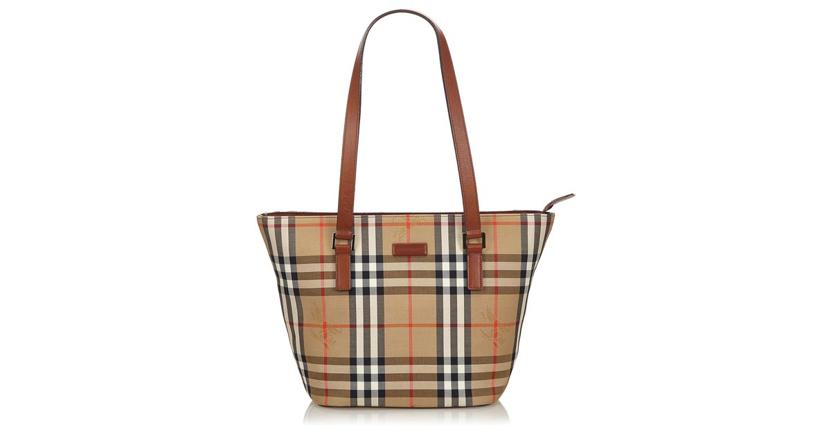 Burberry Sac Cabas En Toile Carreaux Haymarket Cuir Tissu Marron