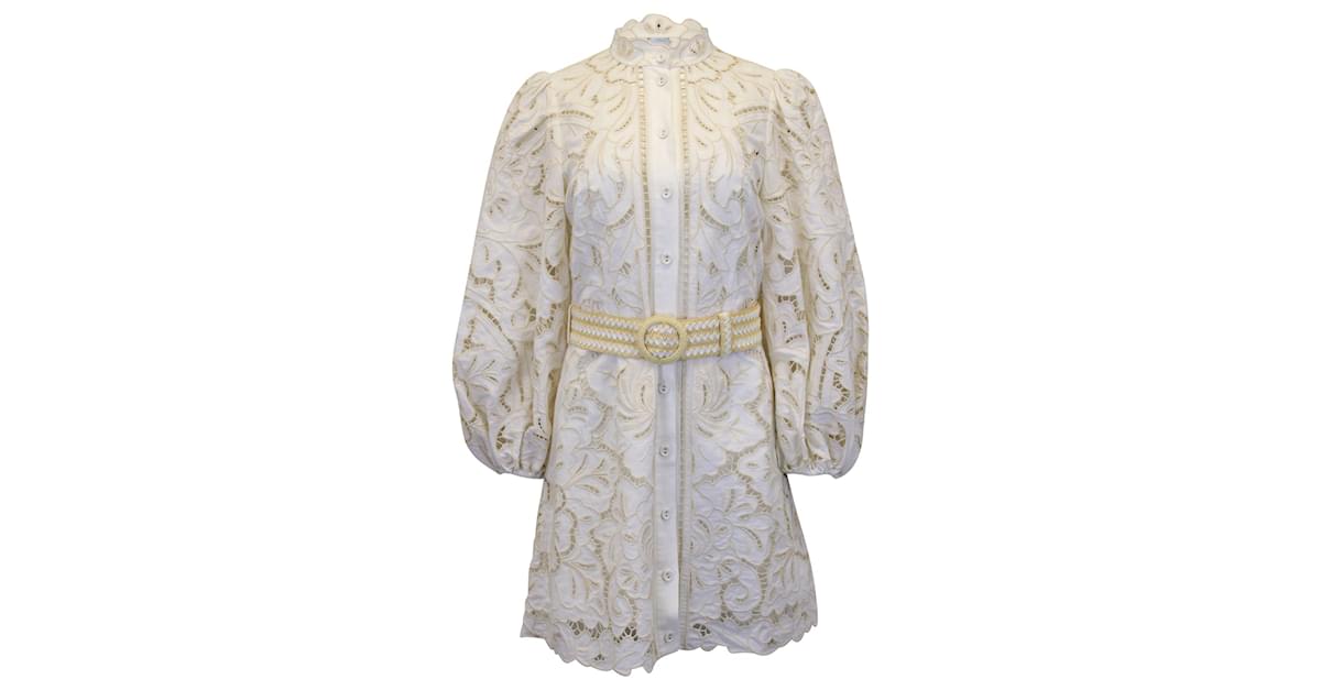 Zimmermann Empire Broderie Anglaise Mini Robe Ceinturée en Coton Lin