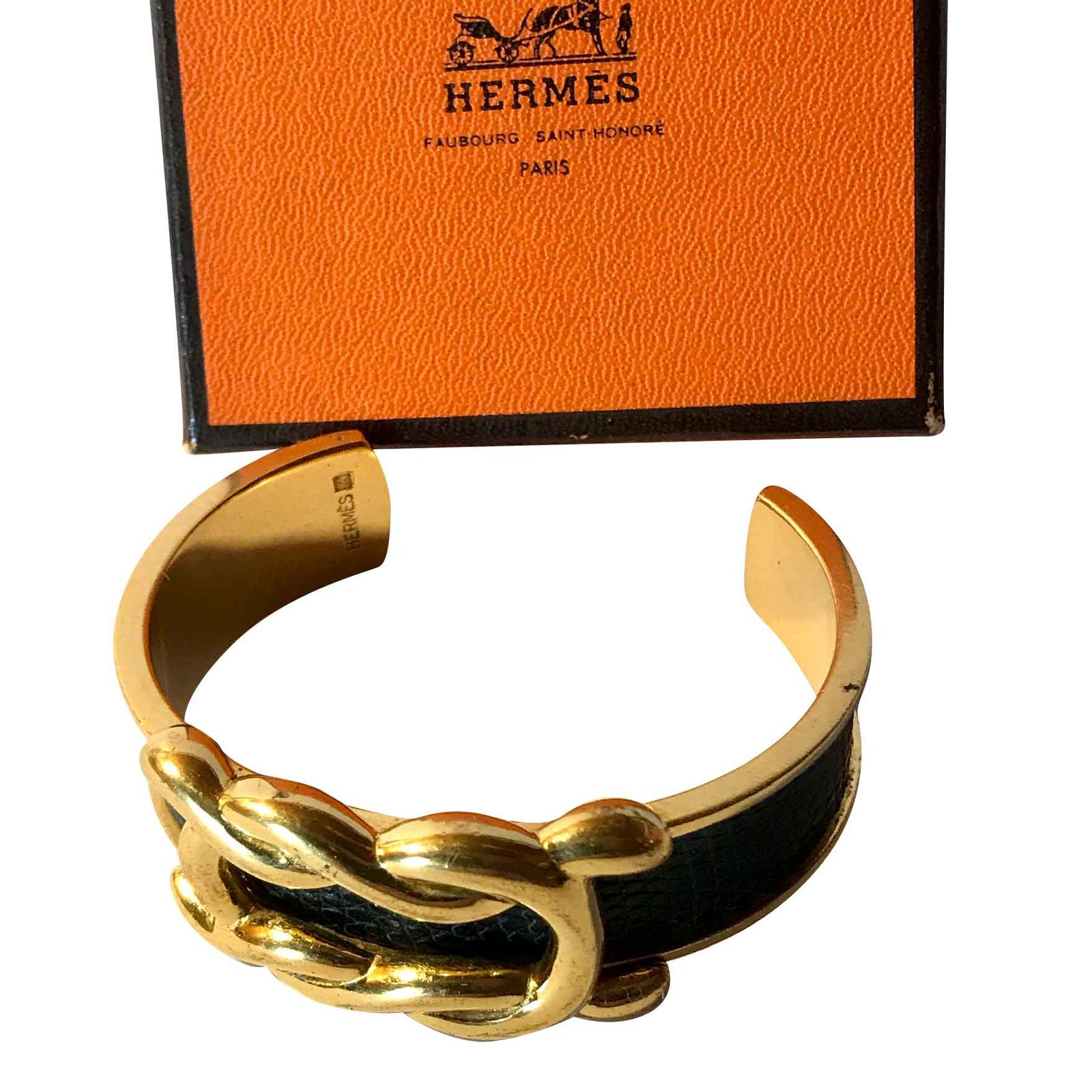 Bracelet Hermès Demi Jonc Cuir grainé Bleu Marine Plaque Or