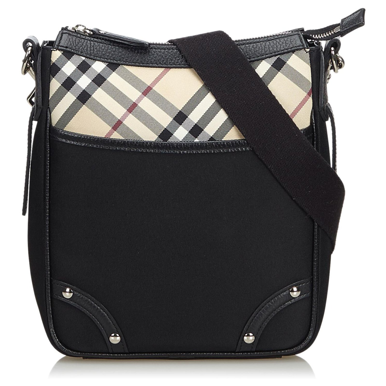 Burberry Sac Bandouli Re En Nylon Noir Cuir Tissu Multicolore Ref