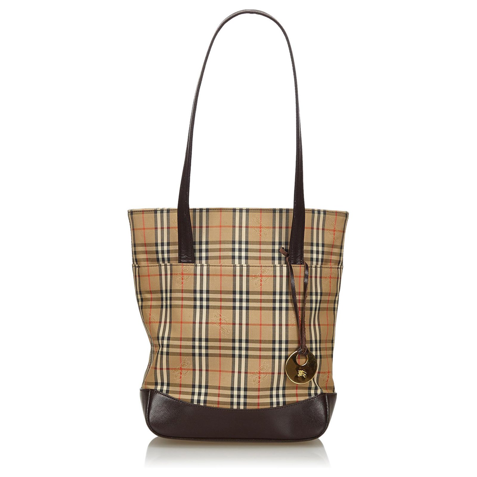 Burberry Sac Cabas En Toile Carreaux Haymarket Cuir Tissu Marron