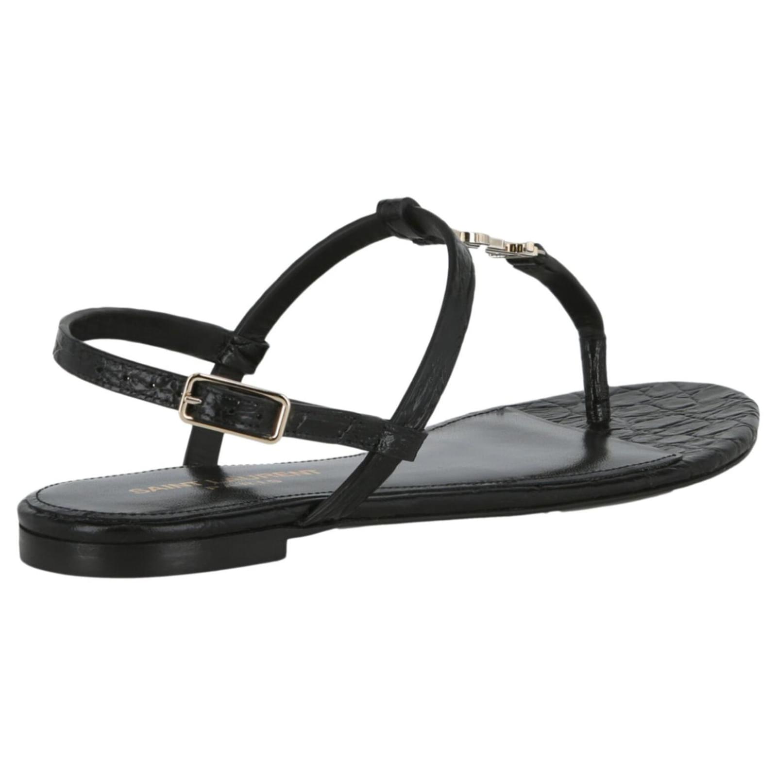 Saint Laurent CASSANDRA FLAT SANDALS Black Leather Pony Style Calfskin