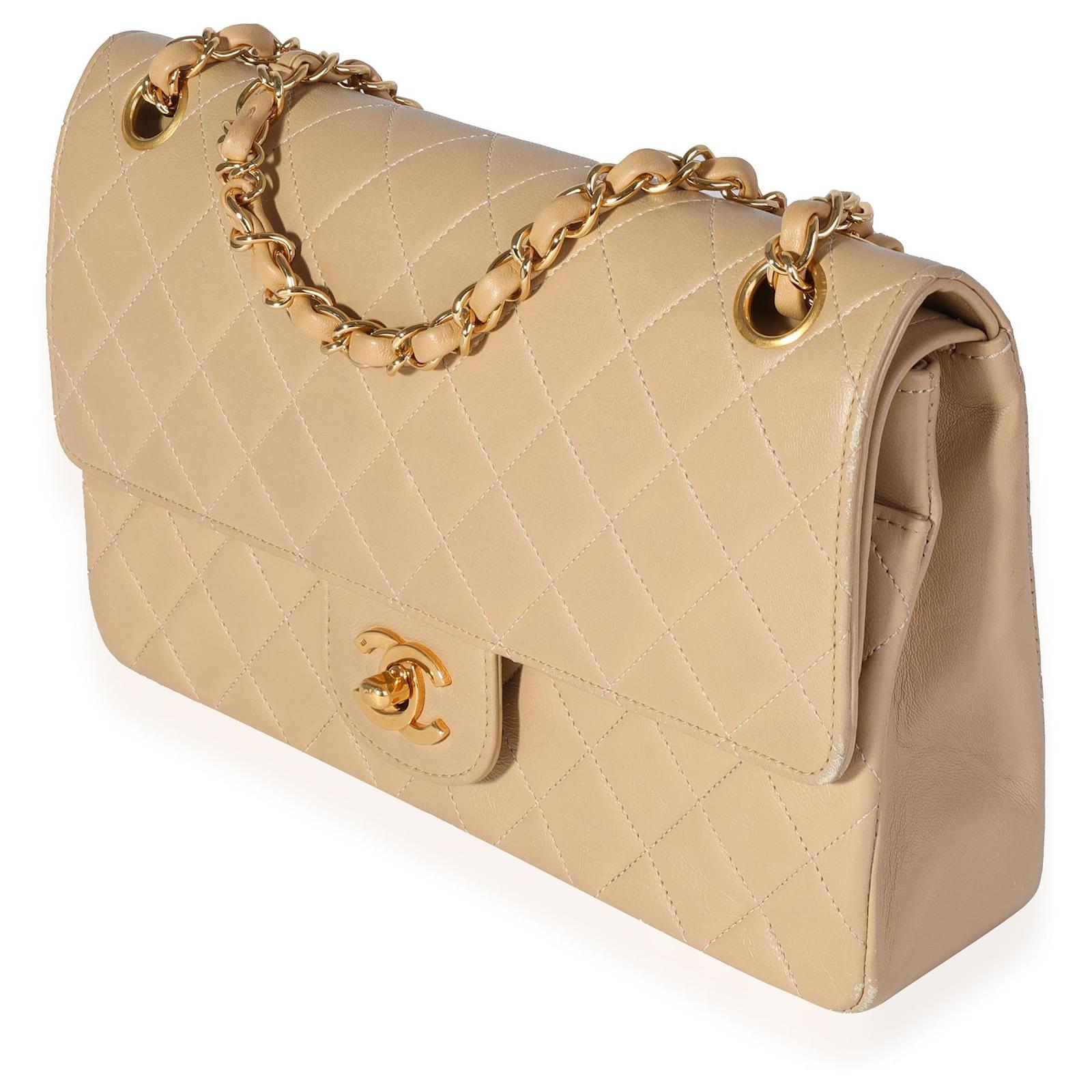 Chanel Vintage Beige Quilted Lambskin Medium Classic Lined Flap Bag