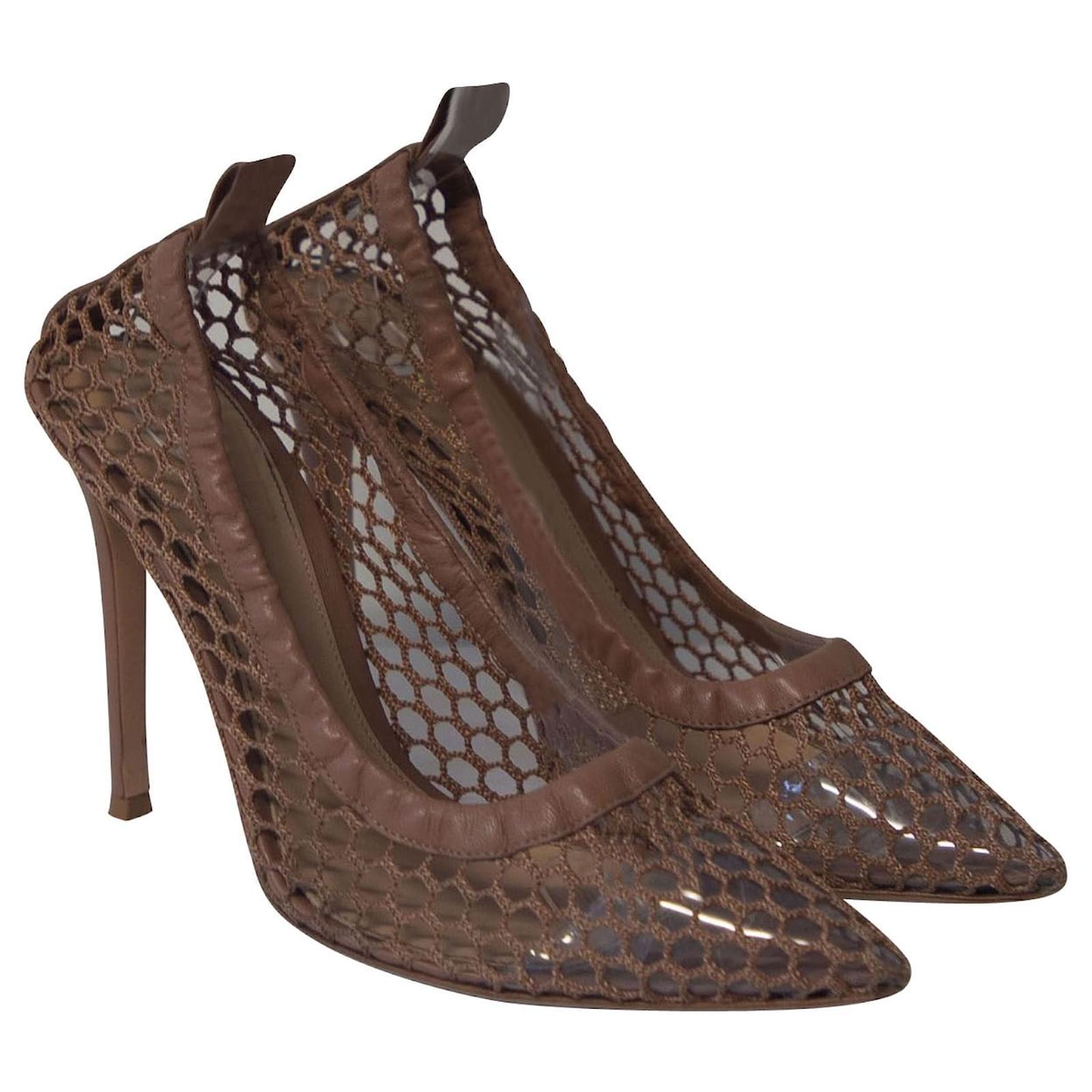 Gianvito Rossi Alisia Leather Trimmed Pumps In Nude Mesh Flesh Ref