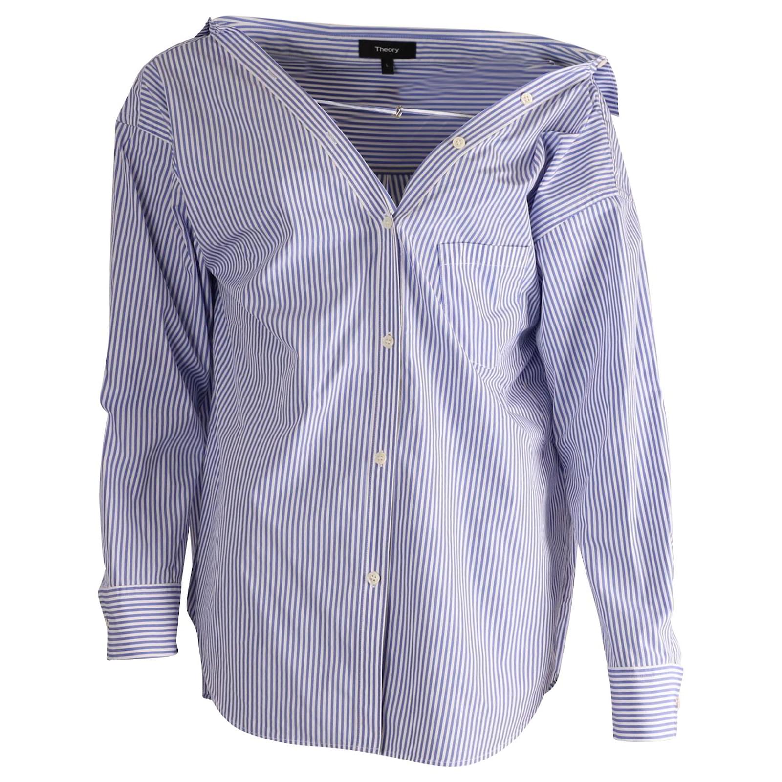 Theory Tamalee Off The Shoulder Button Up Shirt In Light Blue And White