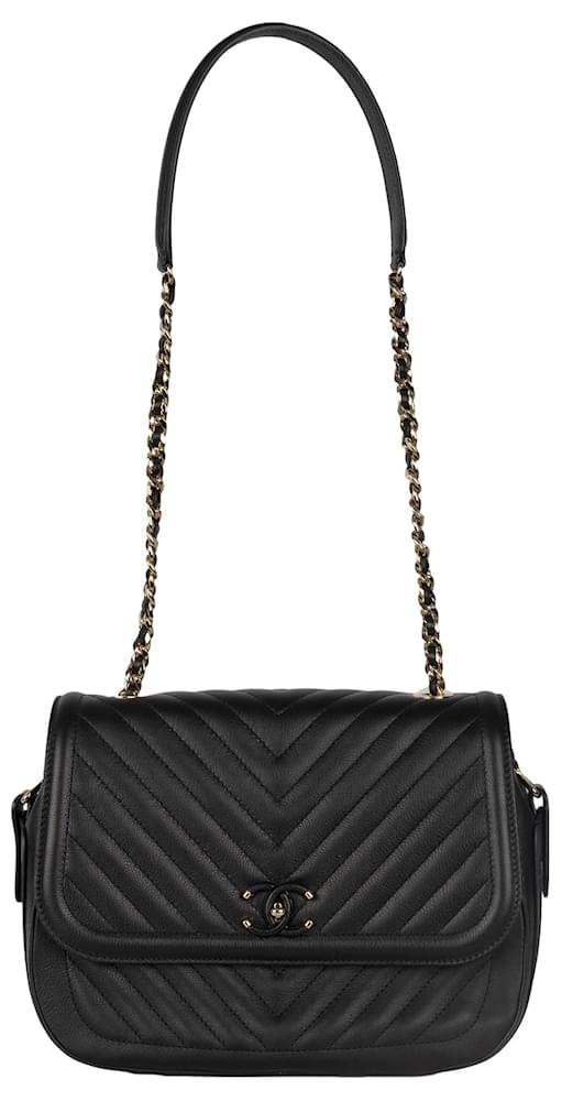 Cambon Chanel Covered Cc Chevron Shoulder Bag Black Leather Pony Style