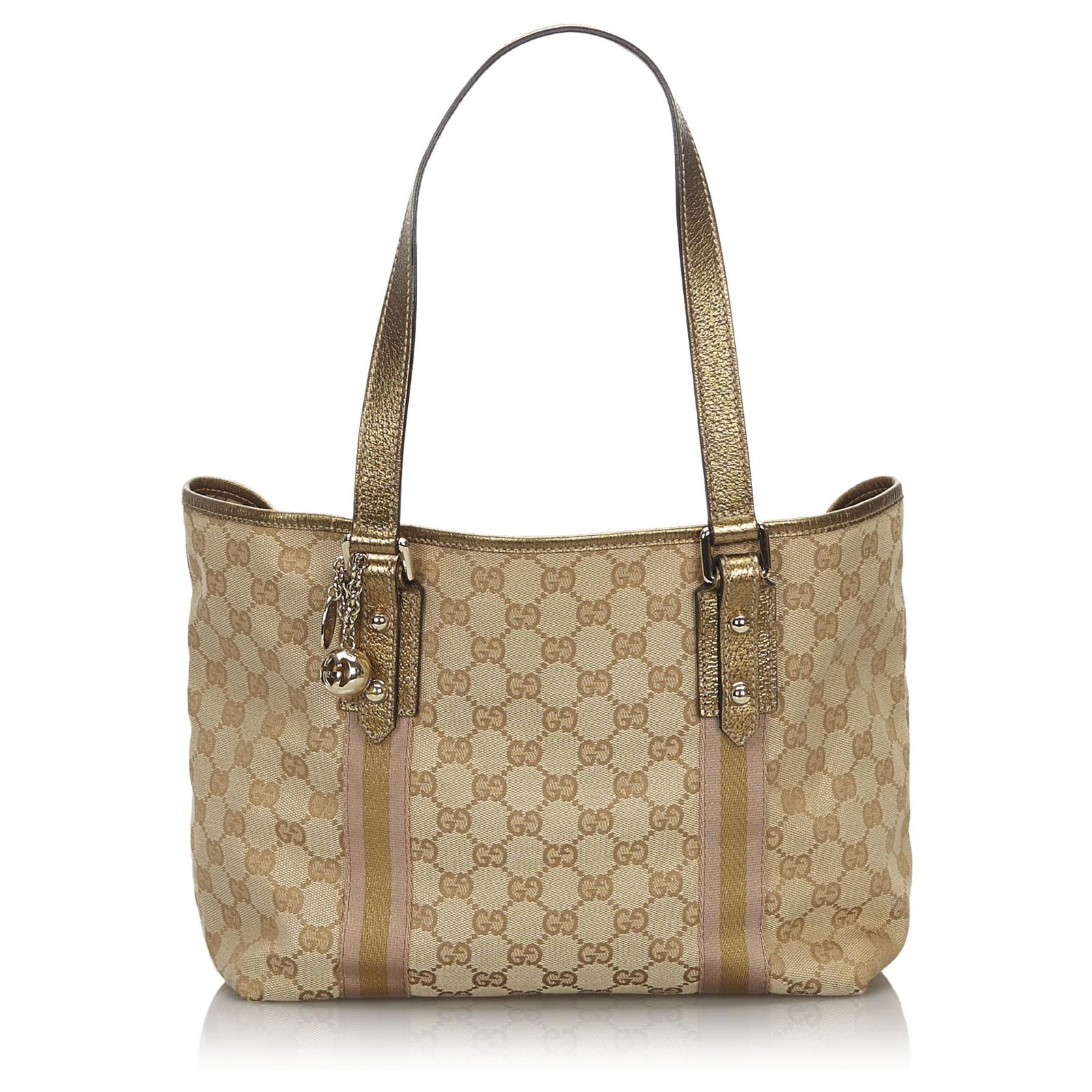 Gucci Brown GG Canvas Jolicoeur Tote Bag Beige Golden Leather Cloth