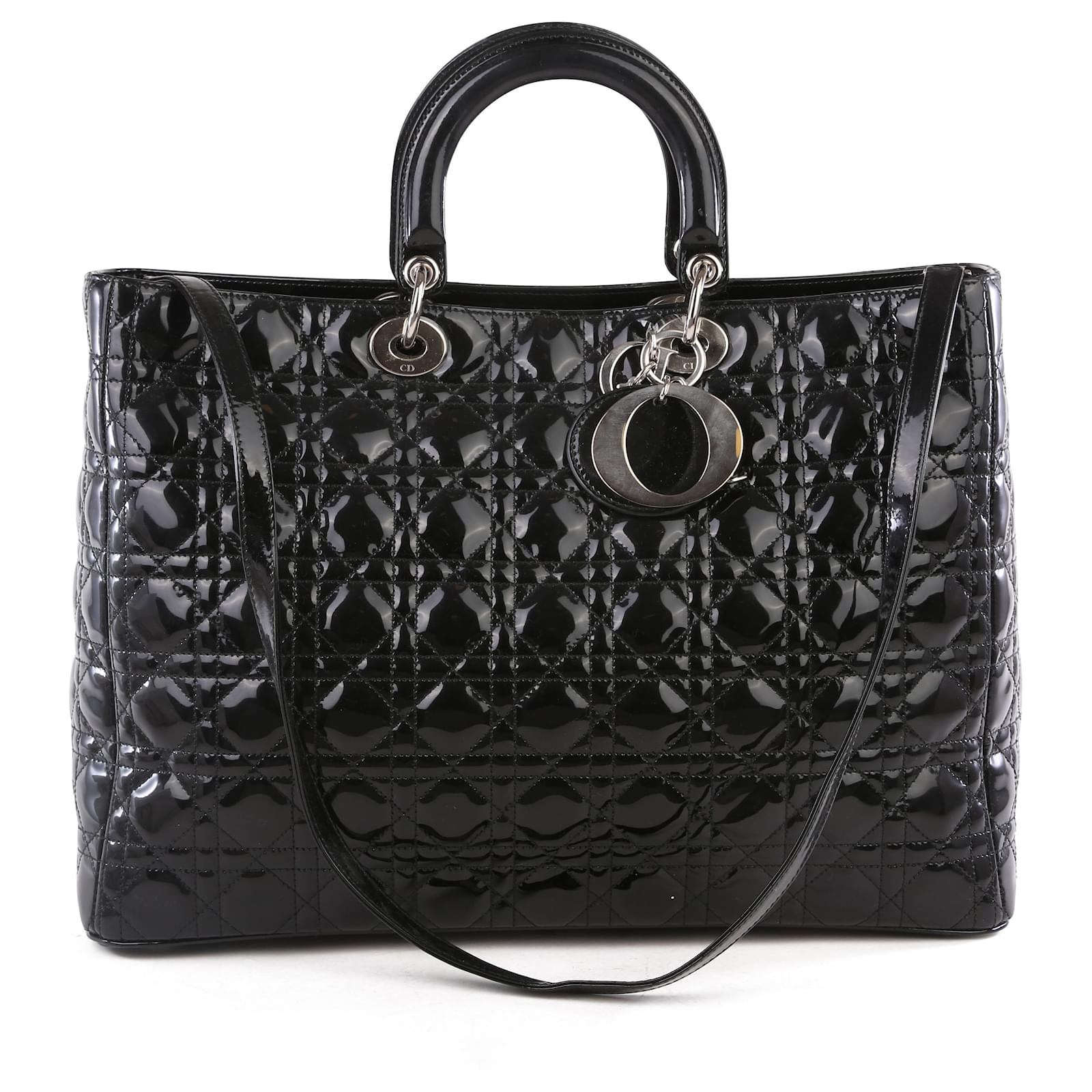 Christian Dior Grand Sac Cabas Lady Dior En Cuir Verni Noir Cuir Vernis