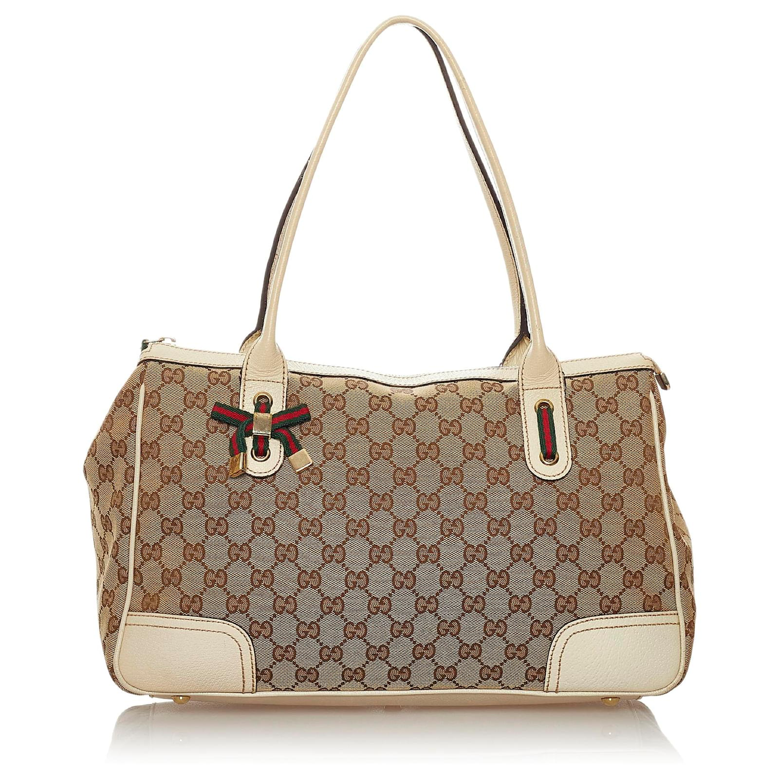 Gucci Brown GG Canvas Princy Tote Bag White Beige Leather Cloth Pony