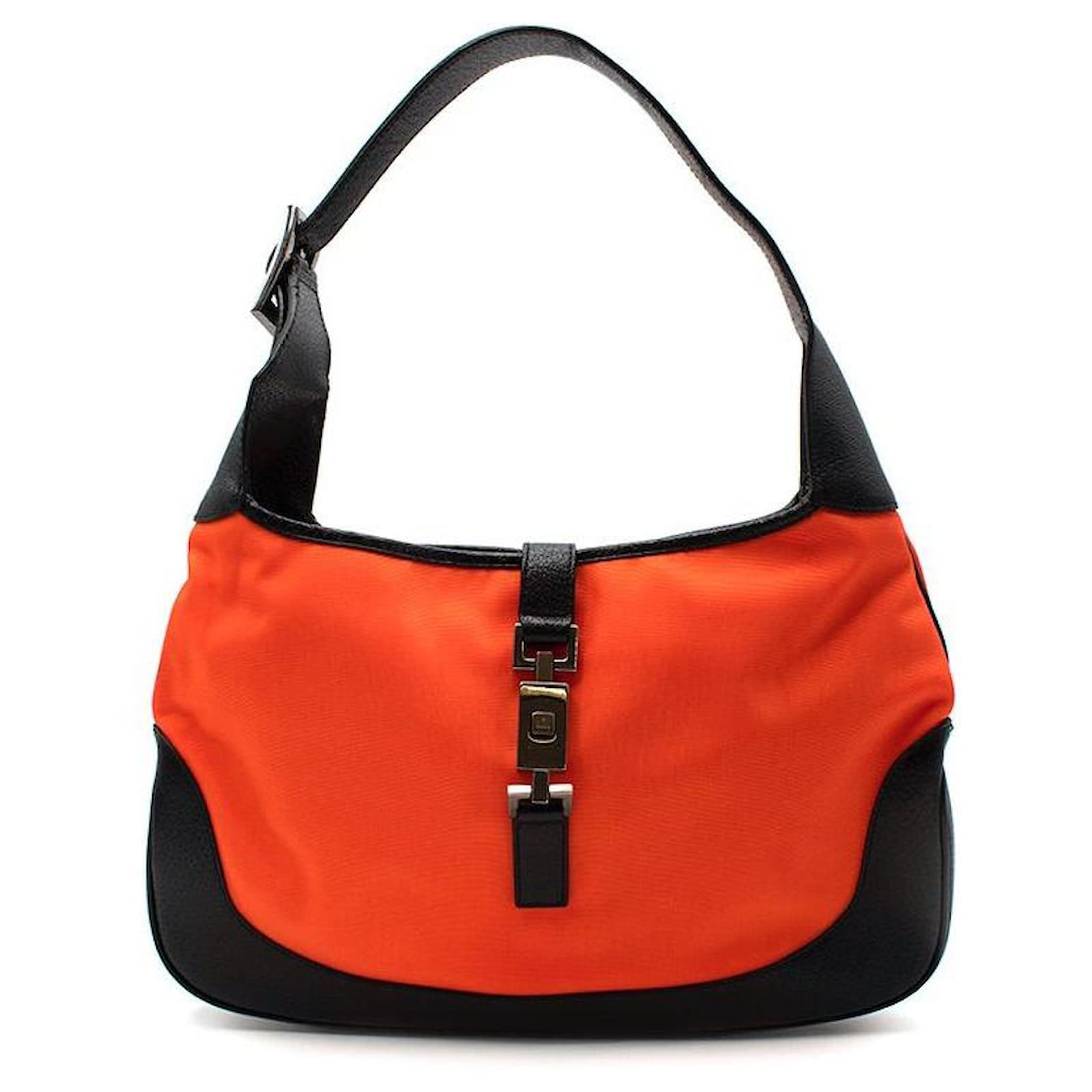 Gucci Sac Jackie Vintage En Toile Orange Fluo Et Cuir Noir Ref