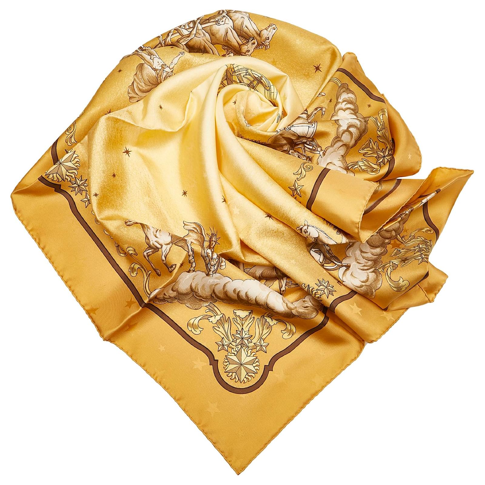 Herm S Foulard En Soie Hermes Gold Cosmos Tissu Dor Ref Joli