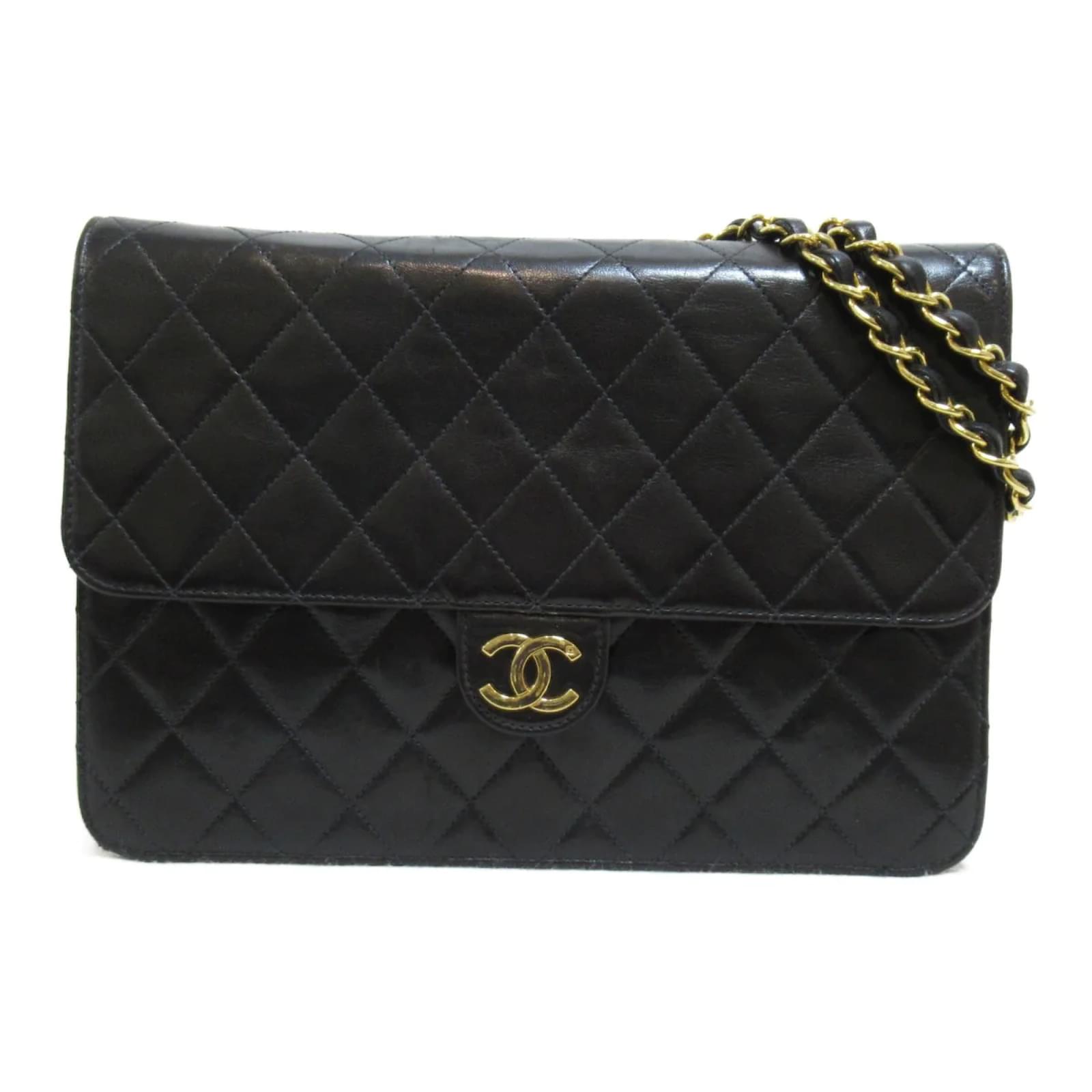 Chanel Sac Moyen Classique Rabat Unique Cuir Cuir D Agneau Noir Ref