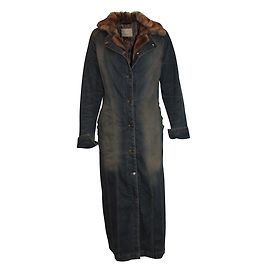 Used Jeans Chaqueta larga de jean azul con solapa de piel sintética