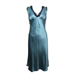 Maje Kleid aus türkisblauem Seidensatin und schwarzer Spitze