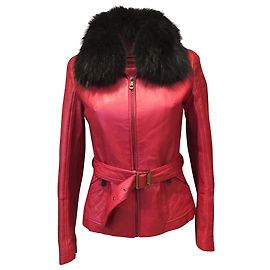 Autre Marque Chaqueta Intuition de cuero rojo con cuello de piel desmontable