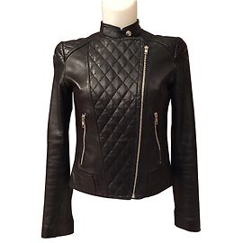 Autre Marque Aqua Leather Quilted Biker Jacket Black Size 38