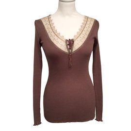 Pinko Silk Top Taupe Gold Lace Neckline