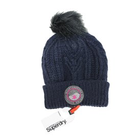 Superdry Mütze in Marineblau mit Kunstpelz Quaste