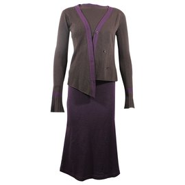 Conjunto Chanel de 3 Piezas Cardigan Top y Falda Lana Cachemira Marrón Morado