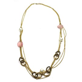 Colar com pedras rosas e miçangas douradas - Autre Marque