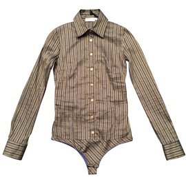 Chemisier Body Stretch Pinko Vert Khaki Rayures Bleu Marine et Or