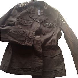 Chaqueta Ikks Sahariana de Algodón Caqui con Bordados de Perlas