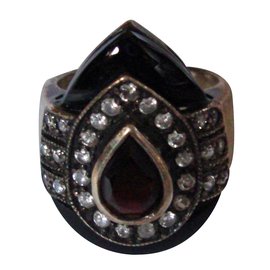 Silver ring with black heart stone and strass size 50 - Autre Marque