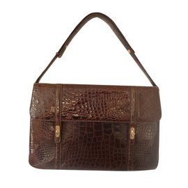 Borsa a mano Lancel in pelle di coccodrillo marrone