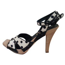 Sandales Yves Saint Laurent Toile Beige et Points Noirs 36