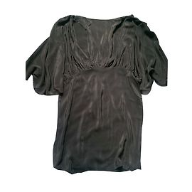 No Collection Vestido de crepé de seda verde caqui cuello en V