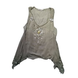 Autre Marque Top assimétrico de seda e contas Nougat London Creme