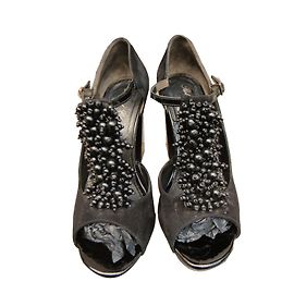 Robert Clergerie Pumps Black Velvet Calf Leather with Black Pearls
