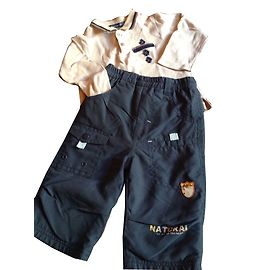 Autre Marque Ensemble T-shirt et Pantalon en Coton Doublé Polaire Bleu et Beige 12 Mois