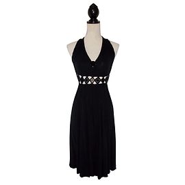 Vestido Faust Preto de Viscose com Decote Halter e Pérolas