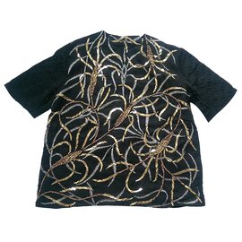 Antik Batik Top Túnica de Algodón Negro con Bordado Dorado