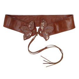 Vanessa Bruno Ledergürtel Caramel Blattmuster Stickerei