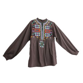 Blusa Smock Antik Batik de Algodón con Escote Bordado Marrón