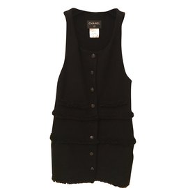 Chanel Tunika Kleid Schwarz aus Seide und Wolle mit Logo Knöpfen
