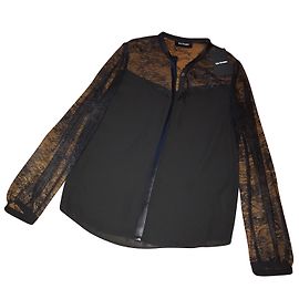 The Kooples Schwarzes Krepp Shirt mit Spitze und Lederdetails