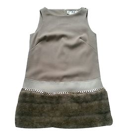Vestido Elisabetta Franchi Bege Sem Mangas com Peles Artificiais e Corrente Dourada