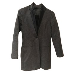 All Saints Wollmantel in Grau mit Gingham Muster und Lederdetails