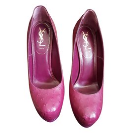 Escarpins Yves Saint Laurent Triboot Cuir d Autruche Framboise 39