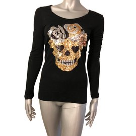 Autre Marque Amor e Psyche Langarmshirt mit Totenkopf Pailletten Schwarz Gold