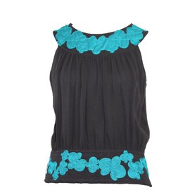 Catherine Malandrino Embroidered Silk Top Black and Turquoise