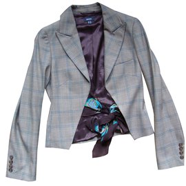 Autre Marque Spencer Prince of Wales Plaid Jacket and Floral Blouse Set Turquoise Brown