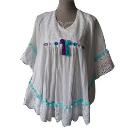 Weiße Bestickte Baumwoll Bluse Tunika mit Türkis Pompons - Autre Marque