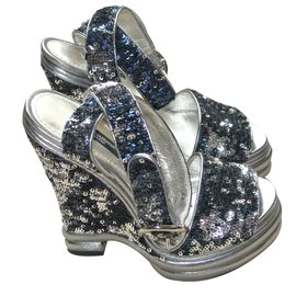 Dolce & Gabbana Keilsandaletten Marineblau Silber Pailletten