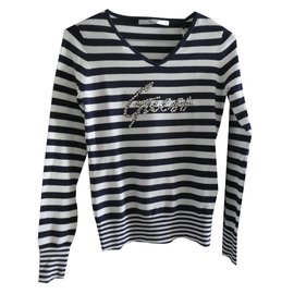 Maglia Guess a maniche lunghe bianca e blu navy in viscosa