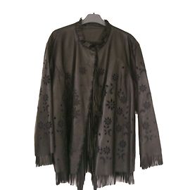 Ermanno Scervino Jacke aus schwarzem Leder mit Fransen und Blumen