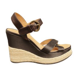 Sandalias Hogan Marrón Oscuro Cuero Satén y Cuerda Talla 36